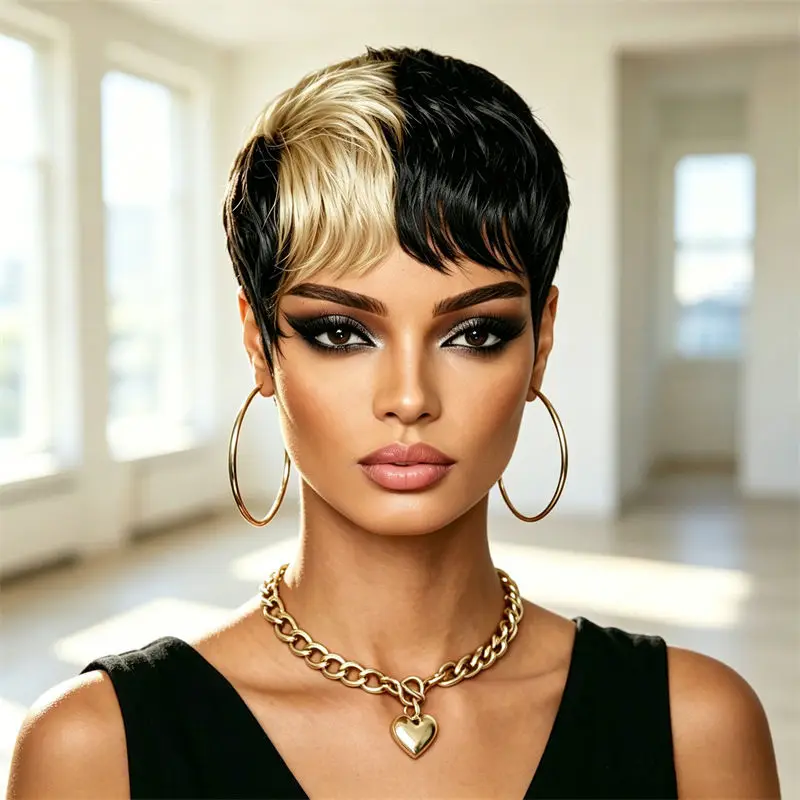 

Pixie Cut Short Human Hair Wig Half Black Half Blonde Style Full Machine Made Wig Fashion Easy Wear Great For Women Daily Use