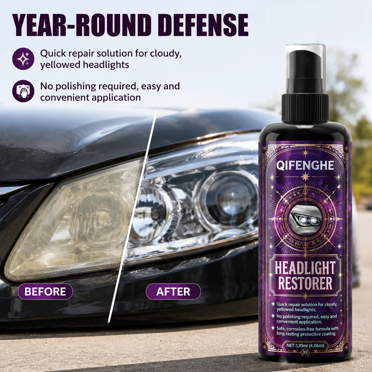 QIFENGHE Headlight Oxidation Remover Restore Clear Lens Anti Fog Anti Yellow UV Sealant No Sanding No Buffing For Auto Motorcycl