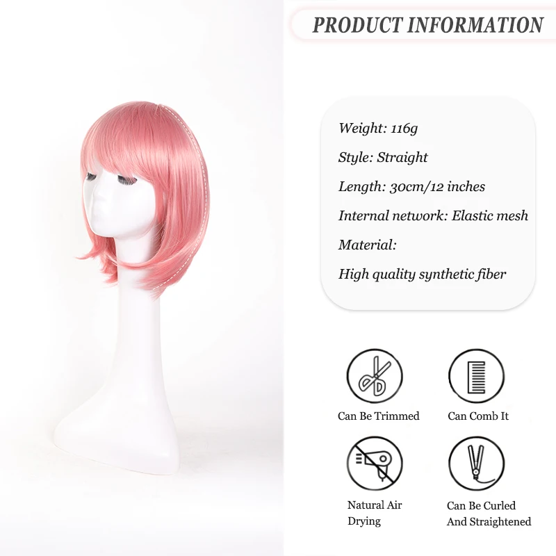 Women Short Pink Straight Bob Wig with Bangs, Soft Synthetic Fiber Wig, Easy to Wear, Halloween Cosplay Party Photography Wig