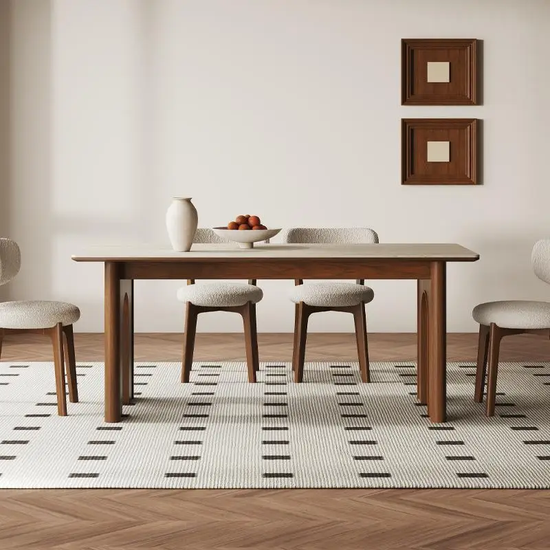 Deli Feng solid wood slate dining table home walnut color rectangle medieval style high-end full dining table