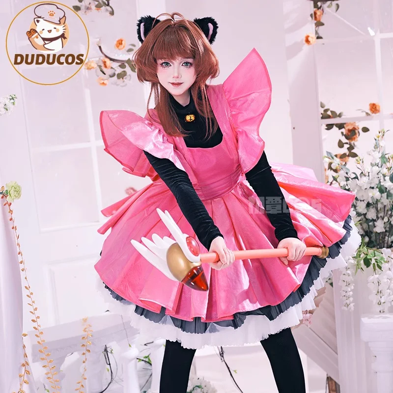 Kinomoto Sakura Cosplay Costume Anime Card Captor Sakura DUDU-R Women Halloween Cute Black Pink Dress THE THUNDER Ears Tail