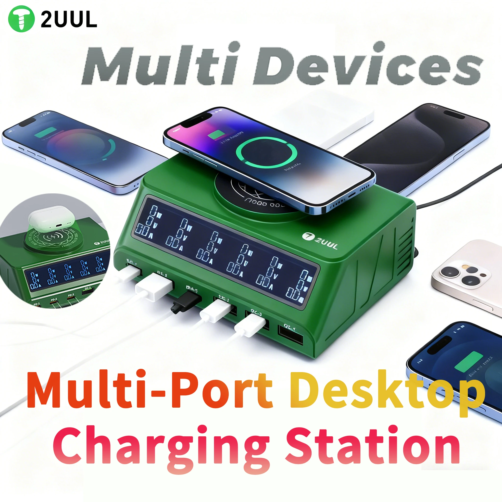 

2UUL PC11 110W Desktop Multi-Port Charger with Magnetic Wireless, Fast Charging for IP17 Series & Multi-Device Repair Tools