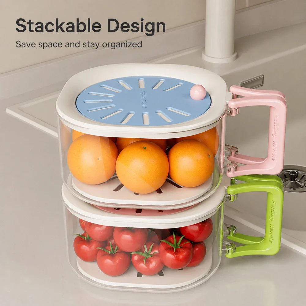 Fruit Vegetable Washing Basket with Lid Kitchen Colander Storage Container Stackable Drain Basket Folding Handle Produce Washer
