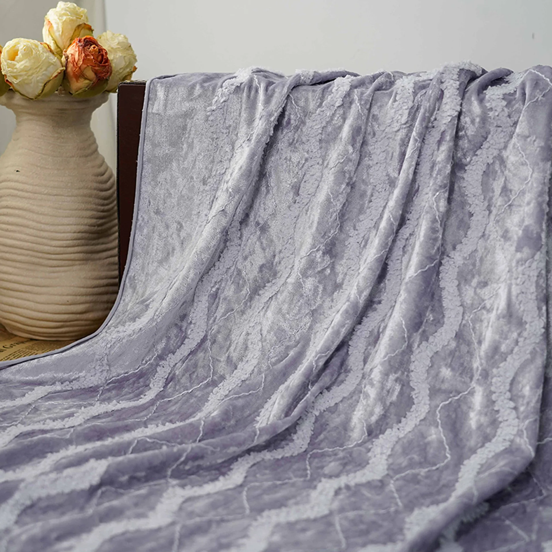 

Elegant velvet fabric with 3D wavy plush lace embroidery and crochet stretchy fabric for clothing and home decor fabric by meter