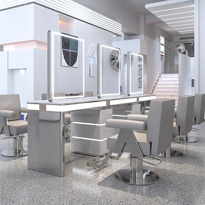 متجر تصفيف الشعر نموذج المشاهير على الإنترنت مع خزانة طاولة مرآة واحدة على الوجهين، محل حلاقة مع مصباح بيرم وصبغ #4
