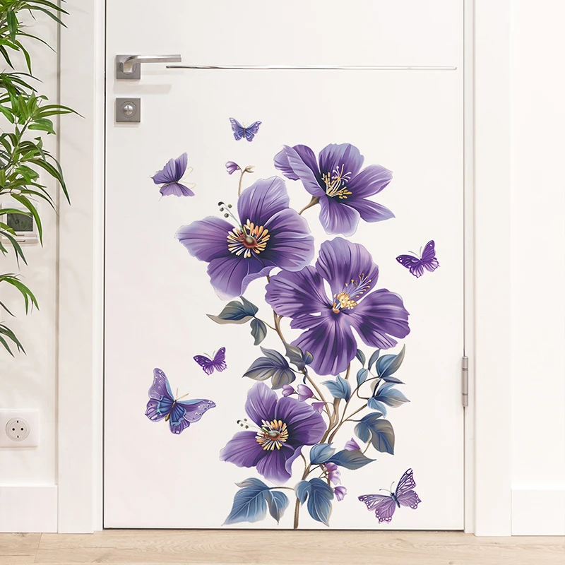 Purple Flowers Butterfly Wall Stickers Living Room Bedroom Background Decor Mural Self-adhesive Wall Decals