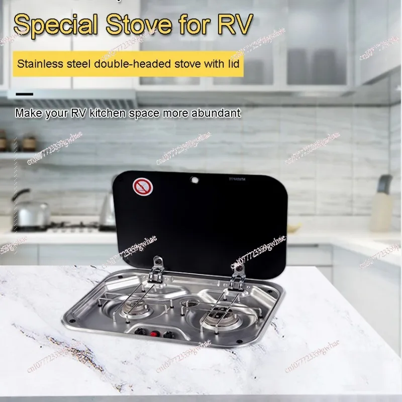 Outdoor RV Camper Kitchen Stainless Steel Gas Double-headed Stove Tools Tempered Glass Cover 2*1.35KW Camping Car Accessories