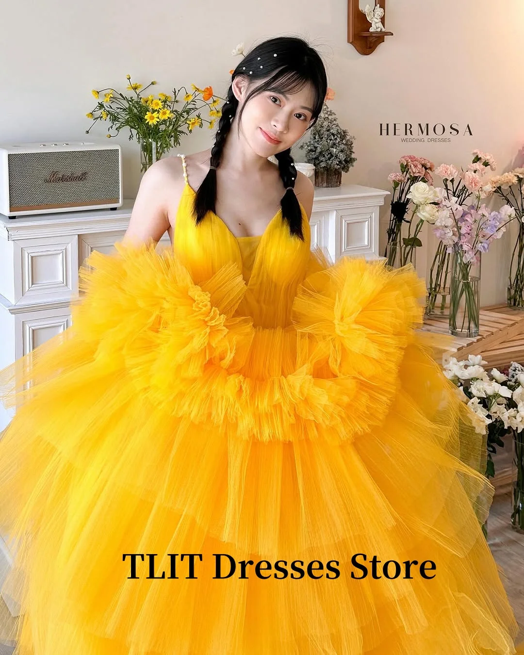 TLIT Princess Bright Yellow Tulle Evening Dresses Tiered Sweetheart Straps Prom Gowns Birthday Formal Party Wedding Photo shoot