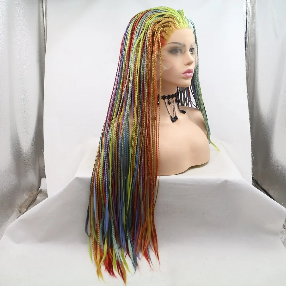 Peluca de pelo sintético con encaje frontal para mujer, Color arcoíris, amarillo, naranja, rojo, azul, verde, Azul, Morado, trenzas largas, resistente al calor