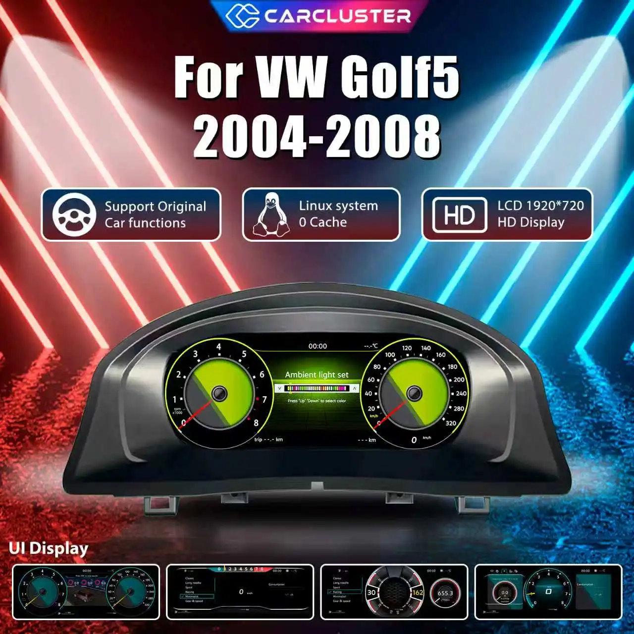 Carcluster 10,25'' LCD Digitales Armaturenbrett für VW Golf 5 MK5 Baujahre 2004-2008 mit HDMI Carplay Radio-Unterstützung Instrumententafel Cockpit