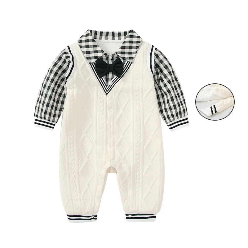 

Newborn Baby Bodysuit Boy Baby Gentleman Lapel Bow Tie Fake Two Piece Autumn Romper