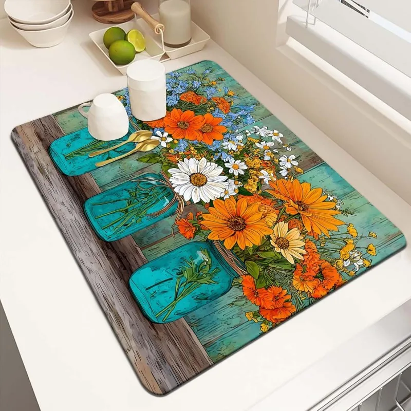 Rustic Sunflower Mason Jar Dish Drying Mat Vintage Daisy Floral Kitchen Counter Mat Farmhouse Coffee Bar Pad Absorbent