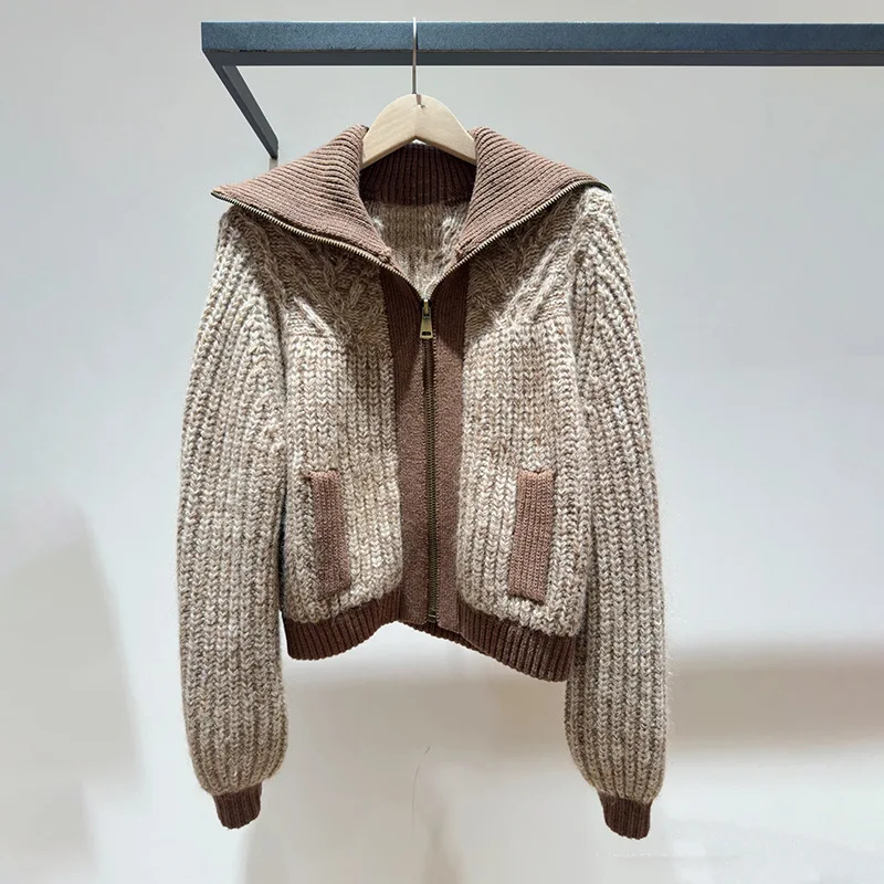 

【Подарок бесплатно】 Французский нишевый теплый коричневый кардиган с контрастной отделкой и пышными рукавами в рубчик с большим воротником на молнии на талии 2025 осень-зима
