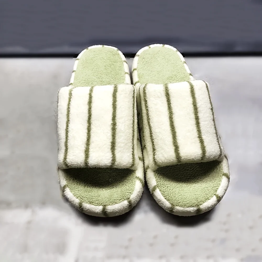 SHAJI Unisex Gestreifte Einfarbige Warme Plüsch-Hausschuhe, Ganzjahres-Flache Weiche Sohle, Leise, Weite Passform, Lässige Indoor- und Heim-Schuhe – Detail 6