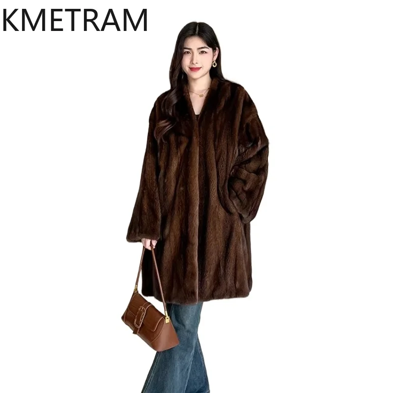 Jaqueta de Pele de Mink 100% Natural de Grau Veludo KMETRAM para Mulheres, Casaco de Pele Real com Decote em V, Roupas de Inverno Femininas 2026