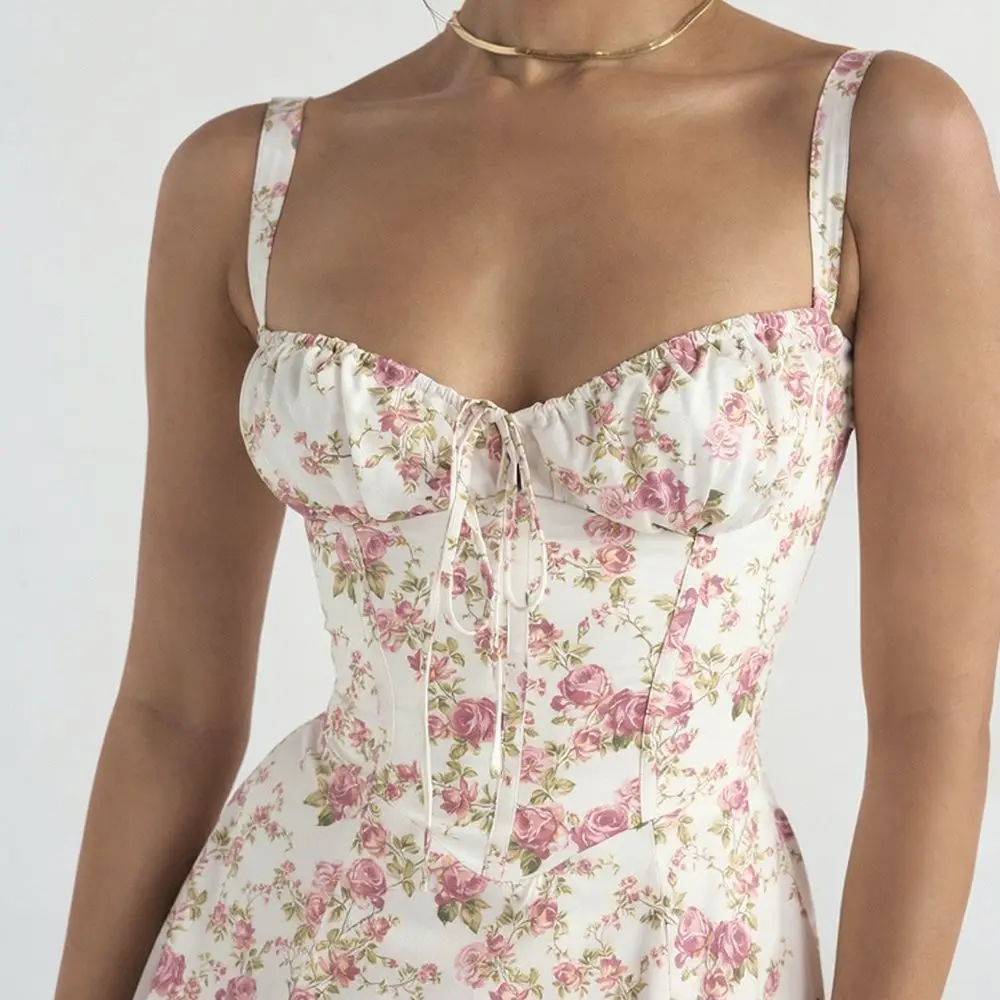 Summer Women Sling Dress Casual Slim Midi Skirt Elegant Commuter Fashion Sleeveless A Line Floral Printed Beach Gowns