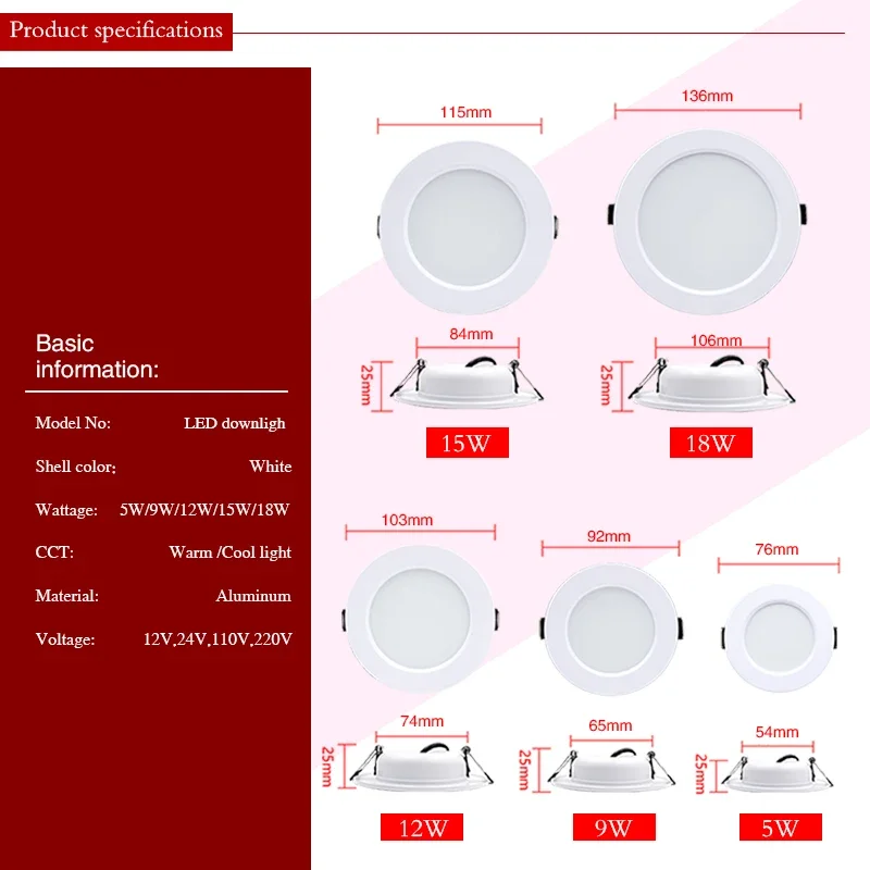 Spot Lumineux LED Circulaire Encastrable pour le Plafond, Éclairage d'Nik, 110V, 220V, 5W, 9W, 12W, 15W, 18W, DC 12V, 24V, 10 Pièces