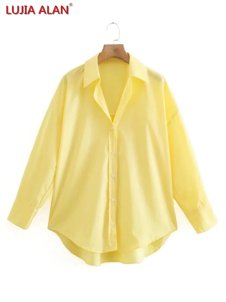 New Women Turndown Collar Yellow Loose Blouse Female Long Sleeve Shirt Casual Lady Tops Blusas S8868