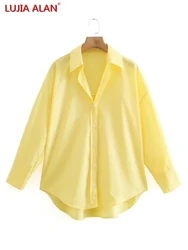 New Women Turndown Collar Yellow Loose Blouse Female Long Sleeve Shirt Casual Lady Tops Blusas S8868