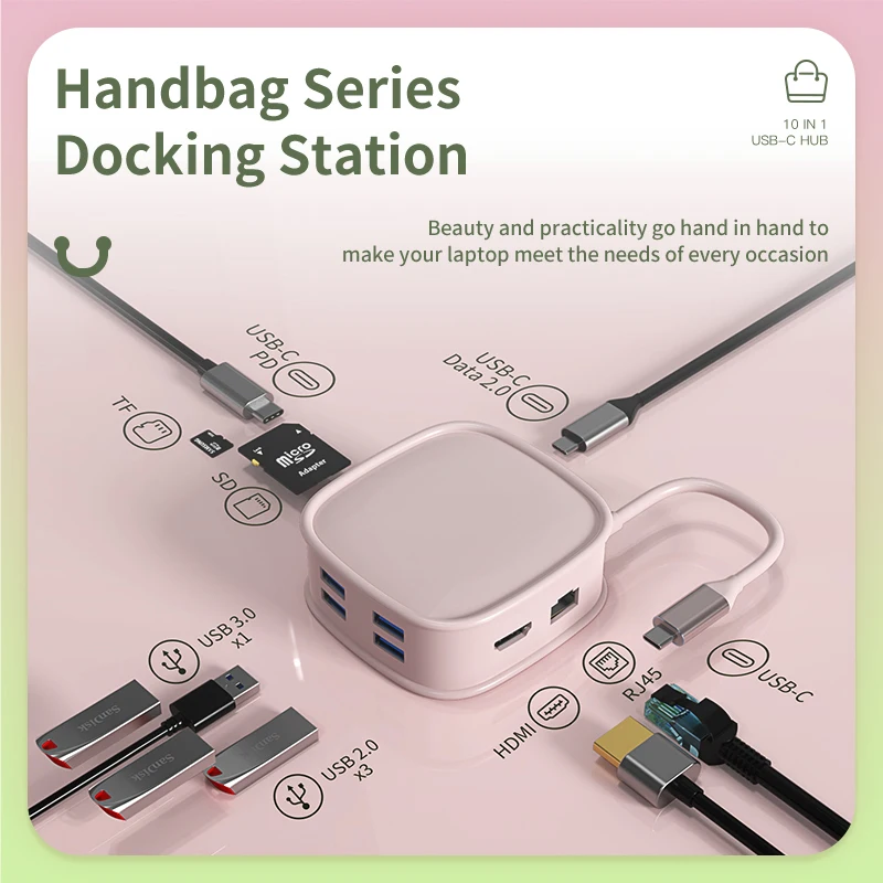 

FC&EC USB C HUB Type C Adapter 10 in 1 To 4K HDMI-compatible Adapter with RJ45 SD/TF Card Reader Fast Charge For Macbook Girl