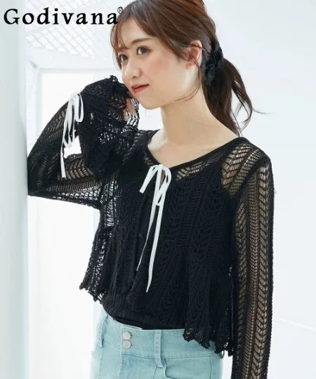 

Japanese Style Sweet Knitted Cardigan Vest 2-Piece Set Autumn 2025 Women's Daily Basic Casual Thin Hollow Out Cardigan Jacket
