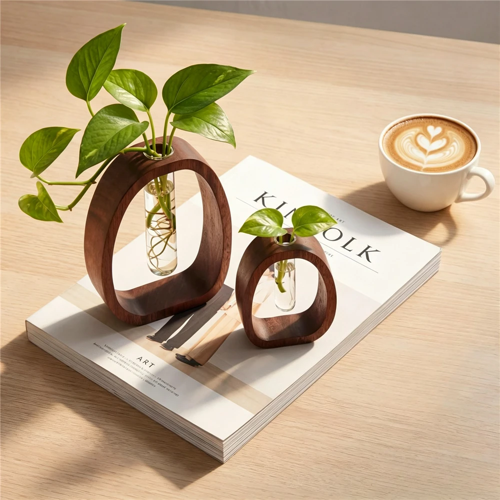 2pcs/set Walnut Wood Frame Hydroponic Vase, Desktop Glass Test Tube Planter for Plant Propagation Home Table Decor
