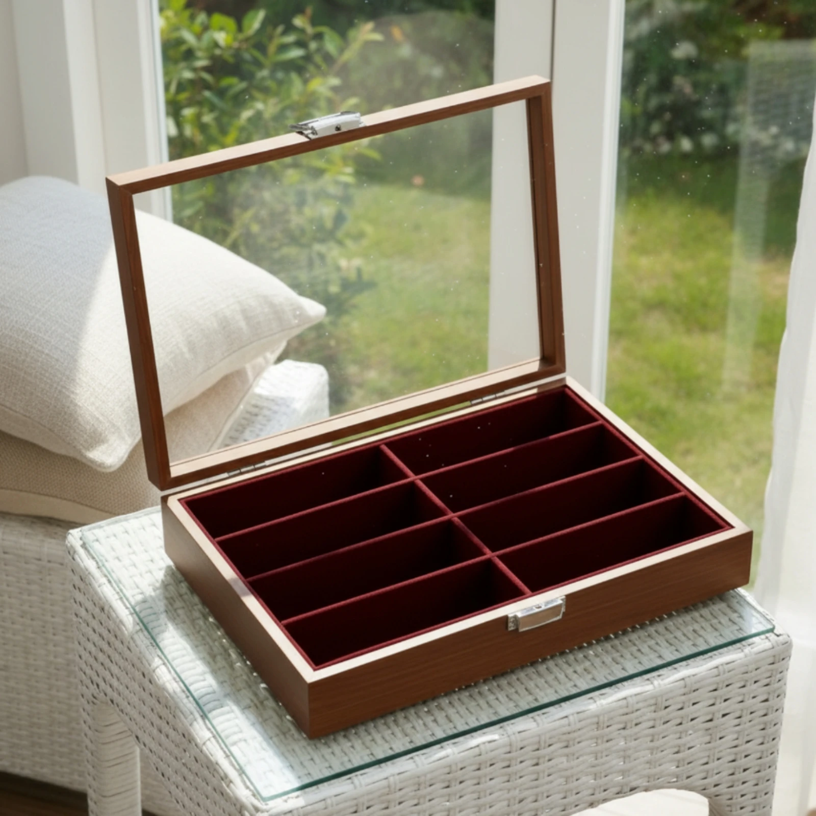 Sunglasses Organizer Wooden-Grain Sunglass Box with Glass Lid Sunglasses Storage Box 8-Compartment Eyeglass Display Case