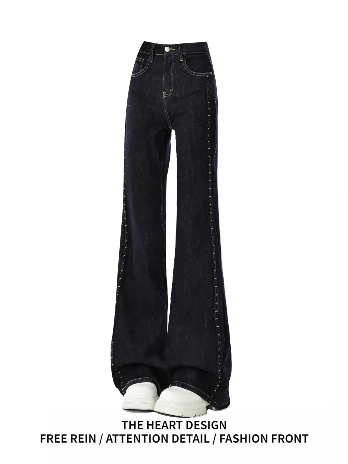 

Retro American Deep Blue Elastic Bell Bot Jeans Women's Spring Autumn Embroidery Design Spicy Girl Bell Bot Casual Wear