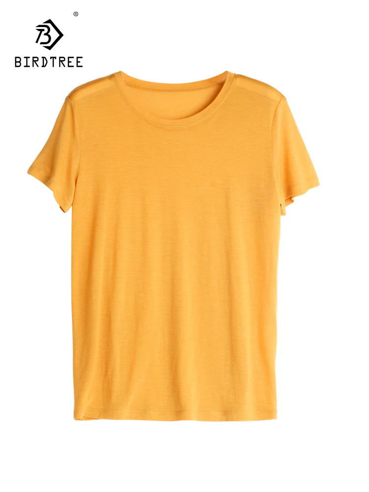 

BirdTree, 10%Natural Silk Knitted Elegant T-Shirt, Women Short Sleeve Solid, Versatile Fashion Commute Top, 2024 Summer T45758QC