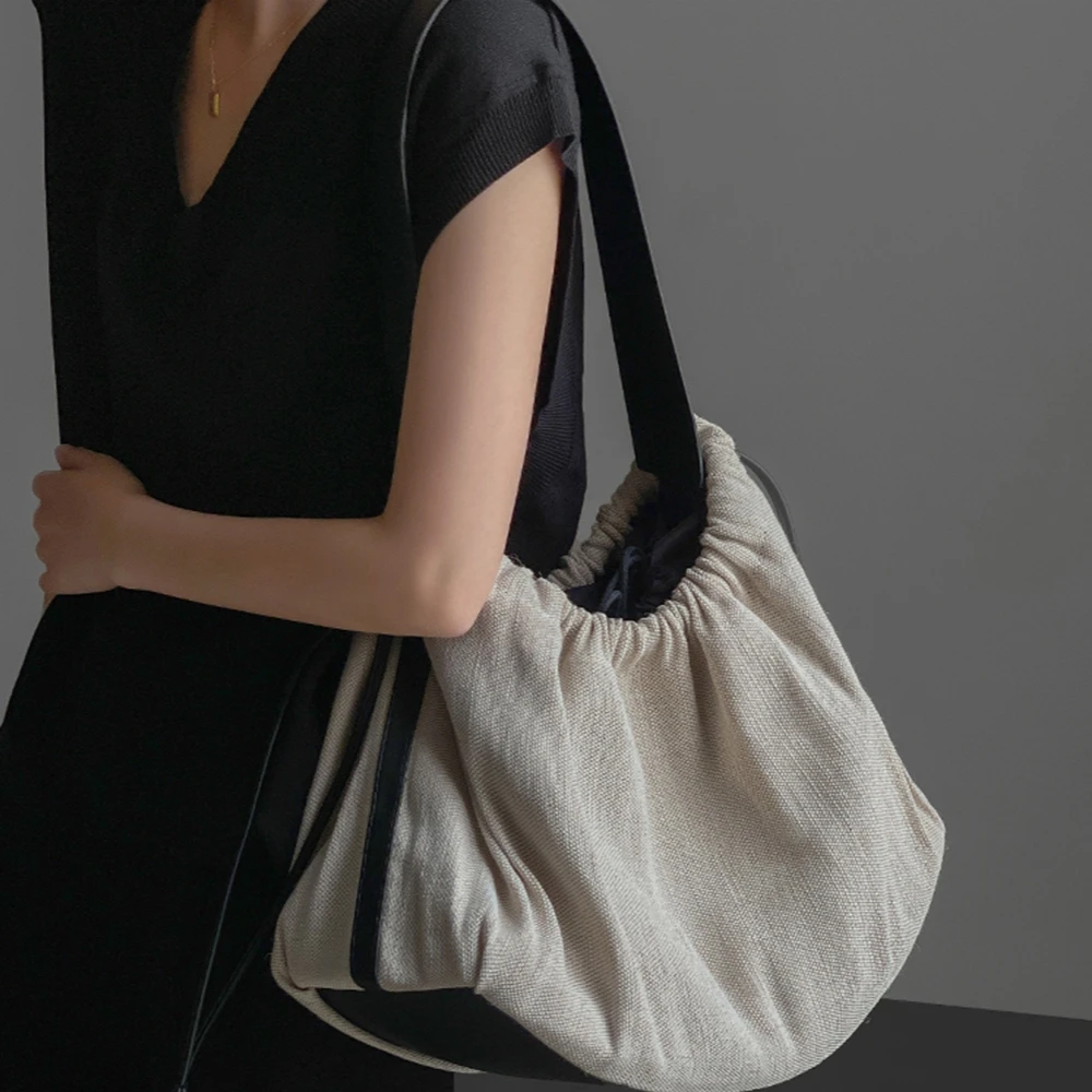 Eco Single Shoulder Women's Canvas Bag Tote Bag PU Bottom Drawstring Crossbody Handbag Large Capacity Daily Travel Shopper Bag