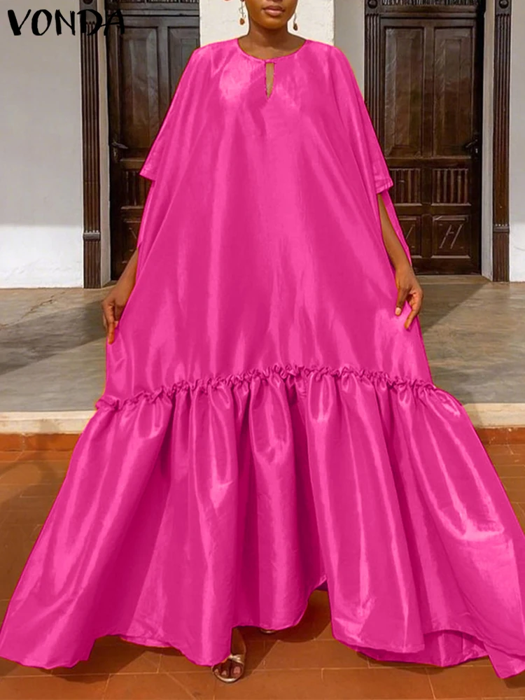 فوندا الصيف فستان طويل للحفلات المرأة نصف كم الساتان ماكسي فستان الشمس 2025 تكدرت أنيقة الصلبة عادية جوفاء فيستدوس المتضخم