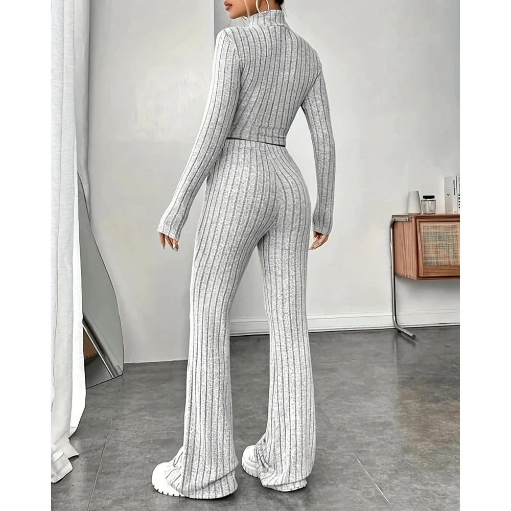 Autumn Elegant Women Long Sleeve Mock Neck Knitted Top & High Waist Flared Pants Set Causal Ribbed Two Pieces Set Streetwear