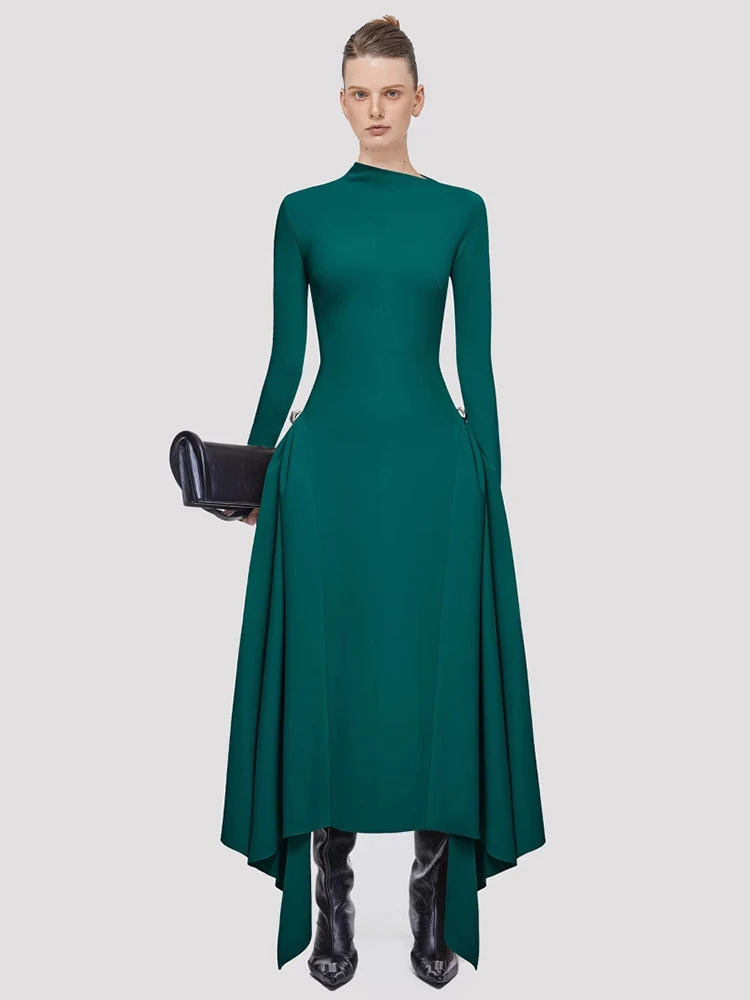 DEAT Elegant Dress Skew Collar Long Sleeves Waist Retraction Solid Color Asymmetric Hem Women\'s Dresses 2024 Autumn New 13DL7990