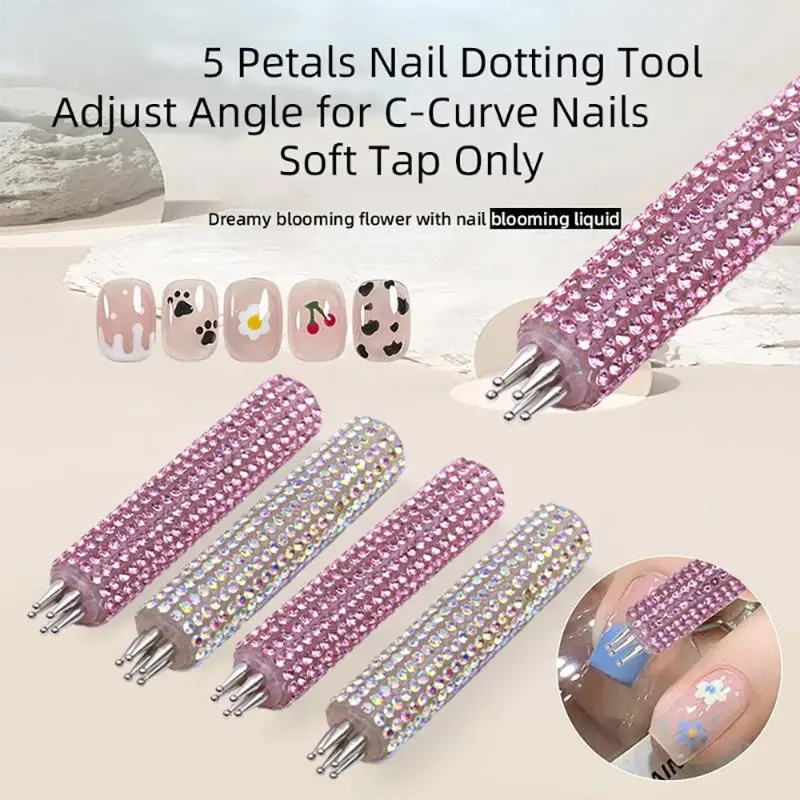 Pink AB Rhinestone DIY Nail Art 5-Petal Dotting Tool Flower Creator 1.8mm Fine Tip Manicure Nail Tools