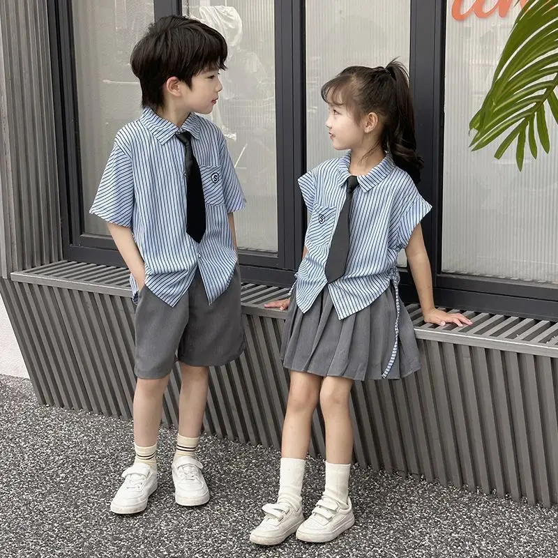 

Summer Girls Brother Sister Pleated TSkirt+Shorts Shorts Sleeves Children Casual Clothes Solid color Lapel School uniform Dress