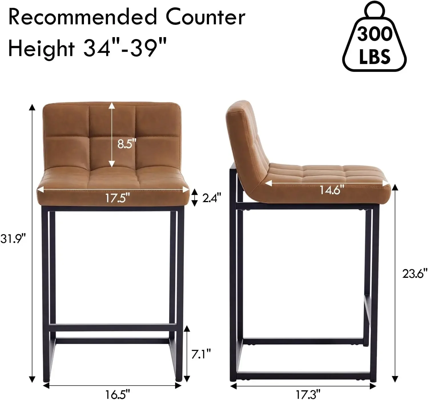 24 Inch Counter Height Bar Stools Set of 4, Modern Kitchen Barstools with Low Back and Black Sturdy Metal Legs, Faux Leather Uph - view 2