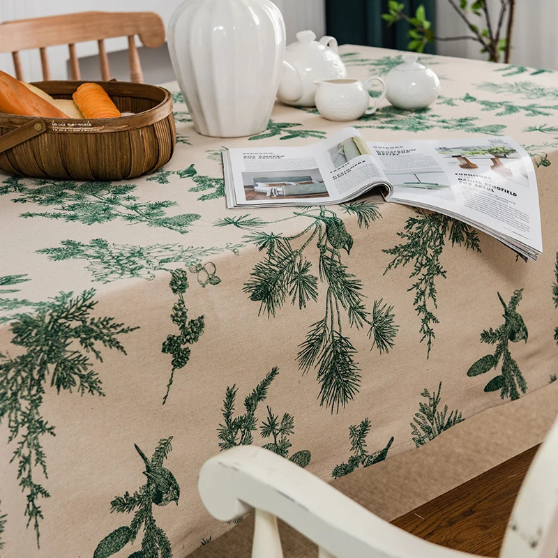 Green Printed Pines Birds Tablecloths Rectangle Cotton Linen Table Cloth Table Cover for Kitchen Dining Tables Picnic Decoration