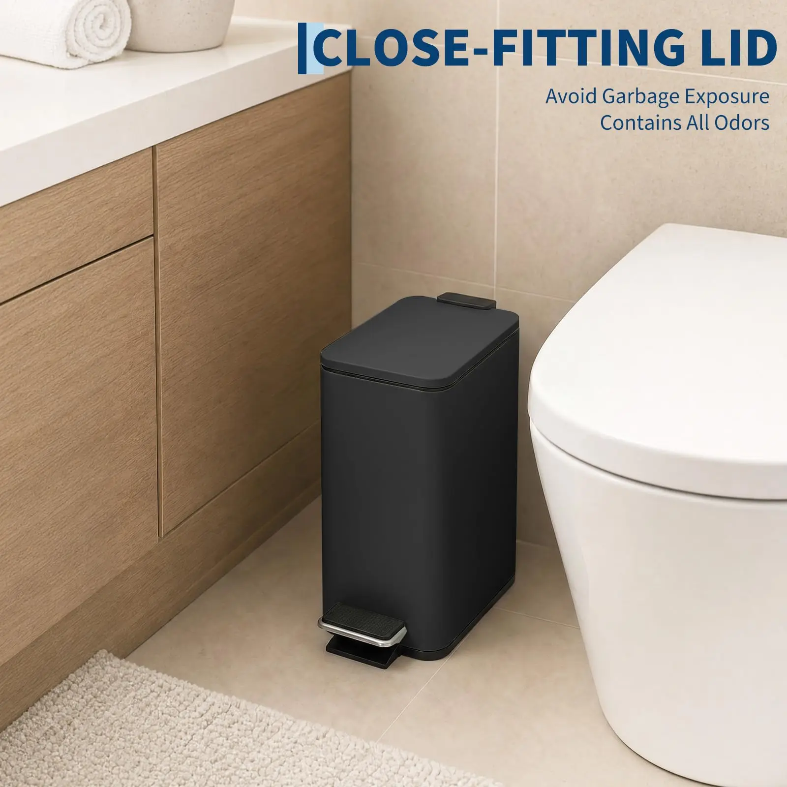 5L/1.3 Gallon Slim Step Trash Can with Lid - Soft-Close, Foot Pedal, Removable Inner Bucket - Small Metal Waste Bin for Bathroom/Bedroom/Office