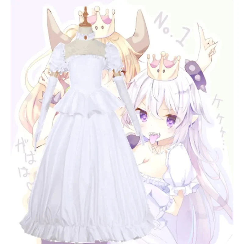 Boutte King Boo Cosplay Costume Princess Koopa White Dress with Gloves Lolita Halloween Carnival Dress Long Silver Straight Wig