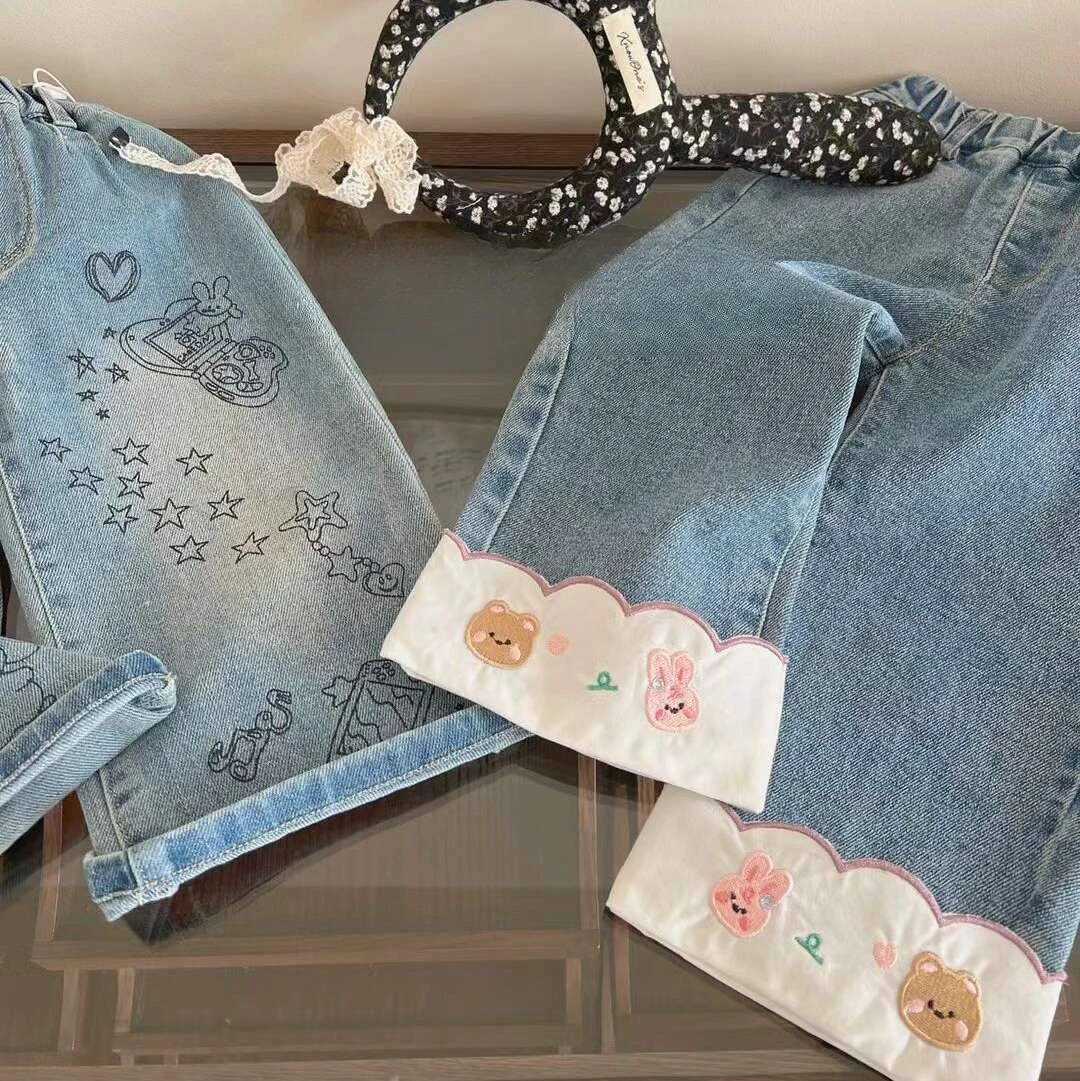 Girls super cute embroidery rolled jeans female treasure  foreign style straight trousers versatile soft  comfortable   autumn