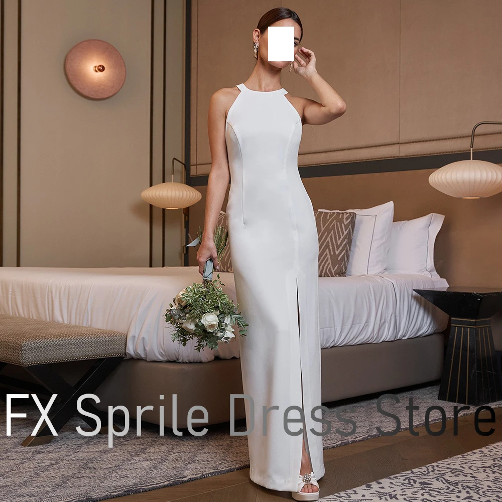 White Formal Crew neck Buttons Backless Evening Dress Jersey Straight Floor Length Sleeveless Pleats Front Slit 2024 Party Gowns