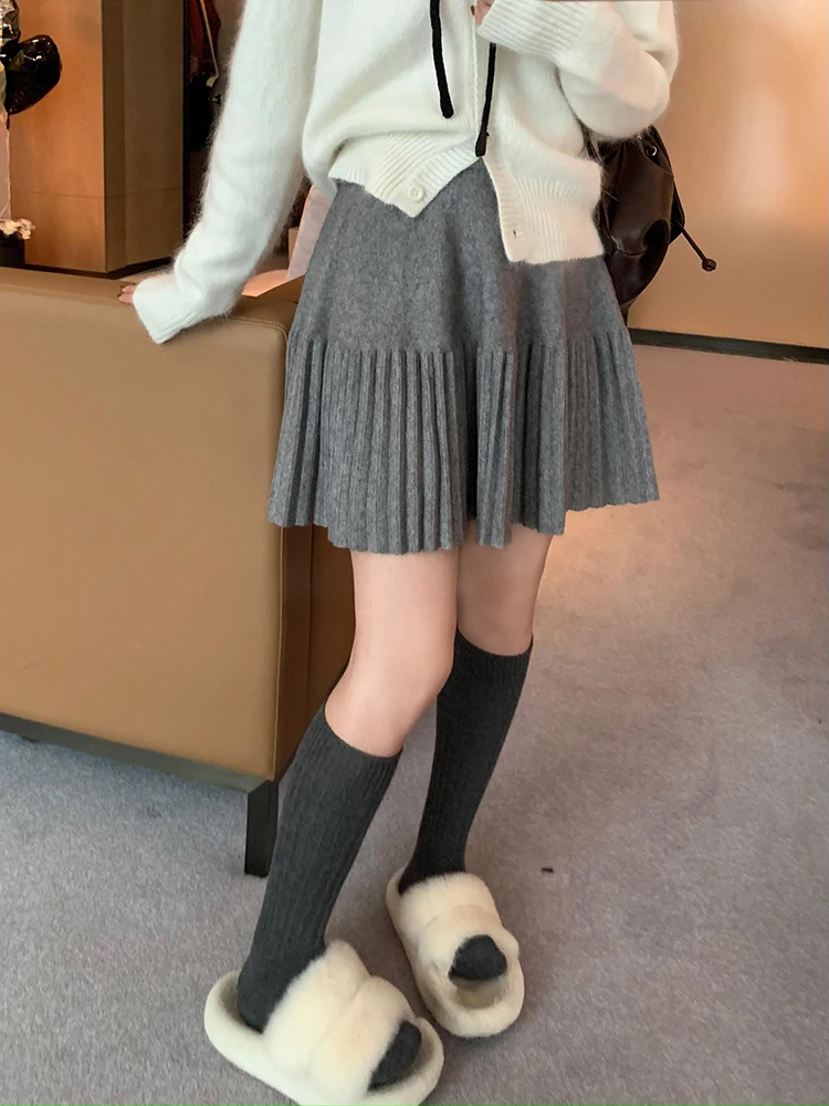 

Осенняя вязаная плиссированная юбка, женская короткая юбка трапециевидной формы с эластичной резинкой на талии, корейская мода Y2k Kawaii, однотонная серая женская мини-юбка