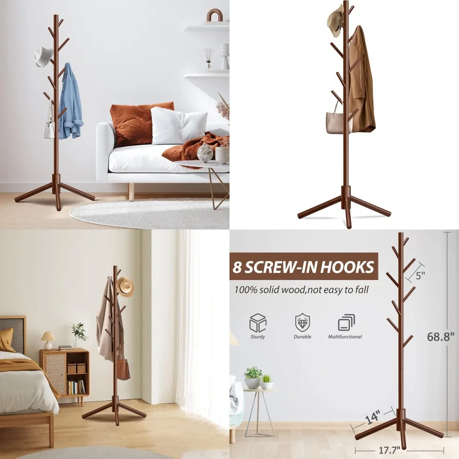 

Прочная деревянная вешалка для одежды, отдельно стоящая со стабильным треугольным основанием, 8 крючков и 3 регулируемыми по высоте для спальни, прихожей, офиса S
