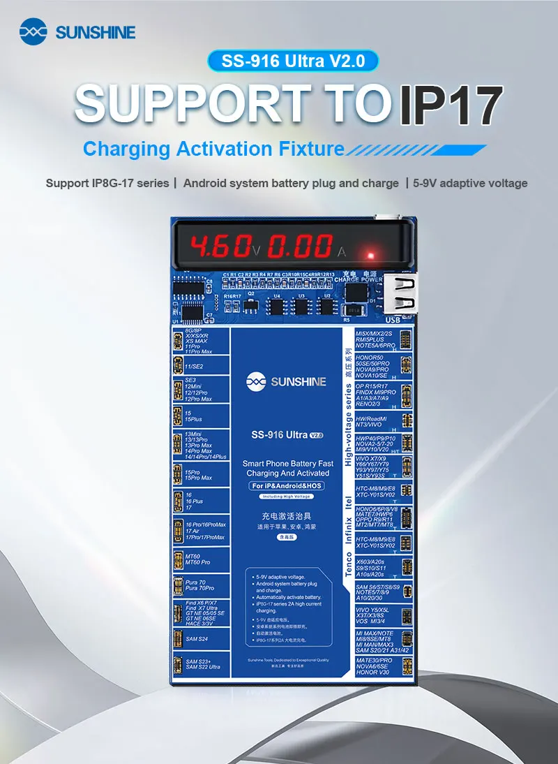 

SUNSHINE SS-916 Ультра универсальная плата активации аккумулятора для iPhone 8–17 Pro Max Android Инструменты для обнаружения активации аккумулятора