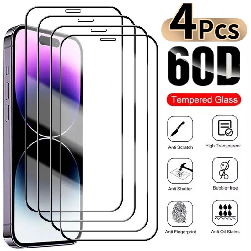 

4PCS Full Cover Tempered Glass For iPhone 16 13 12 11 14 15 Pro Max Mini Screen Protector For iphone X XR XS Max 7 8 PLUS Glass