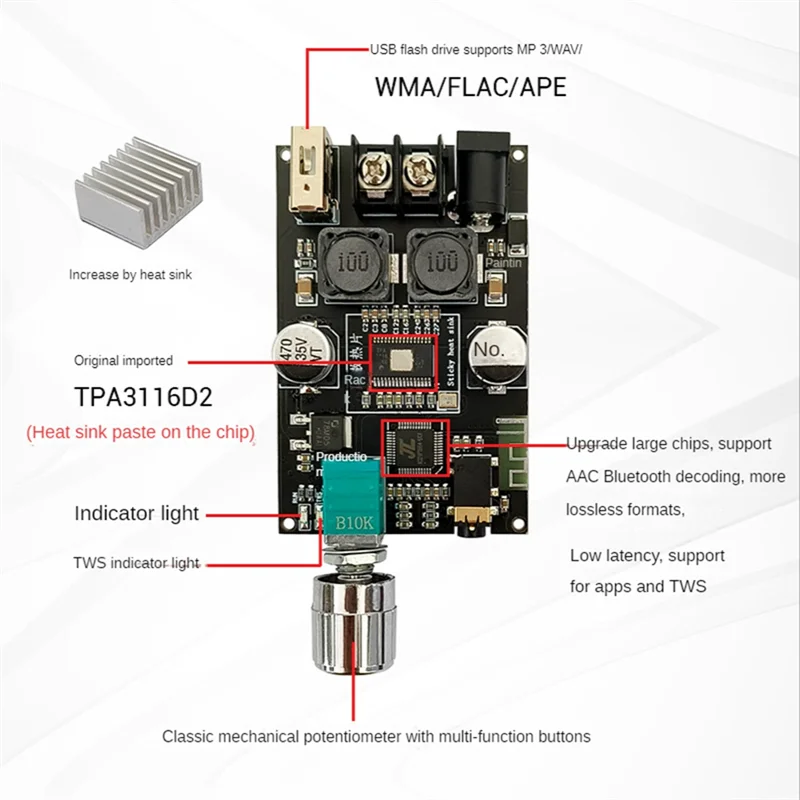 

Плата аудиоусилителя ABMF-Mono 100 Вт с функцией коробки TWS TPA3116D2 BT5.1 Stereo DC7-24V ZK-1001B