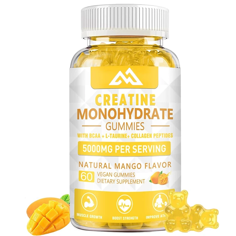 Creatine monohydrate gummies, containing vitamins D3 and B12 and hydrolyzed collagen, sugar free, suitable for men