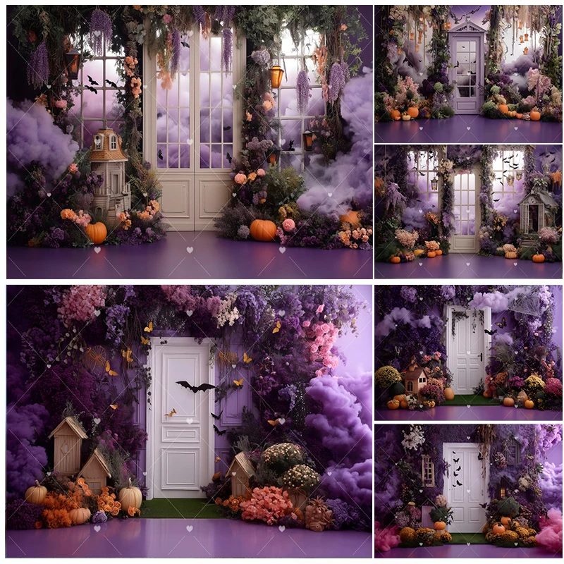 

Purple Halloween Decor Backdrop for Photography Spooky Pumpkin Bat Flowers Baby Shower Kids Family Party Background Photo Studio