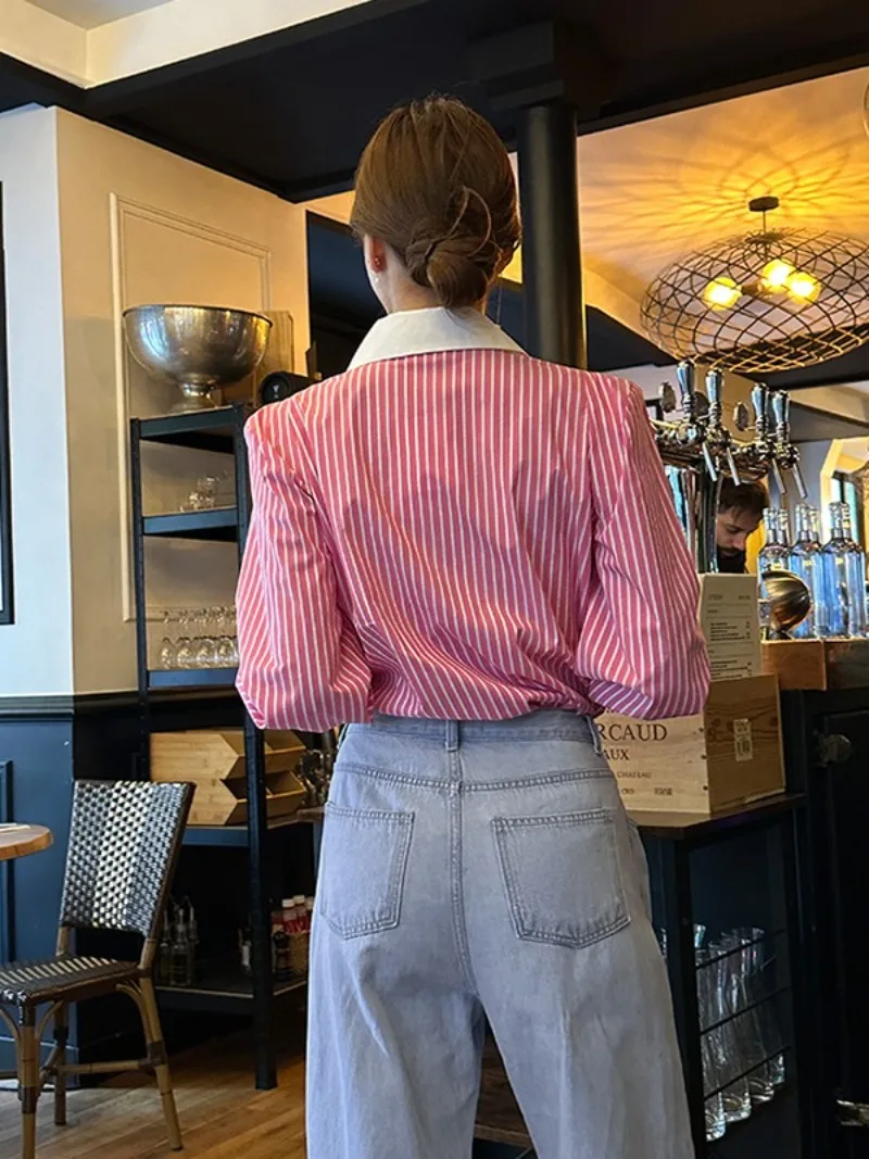 Blusas Vintage para mujer, camisas informales a rayas, ropa holgada a la moda con cuello tipo Polo para primavera/verano, Tops de manga larga con bolsillo para mujer