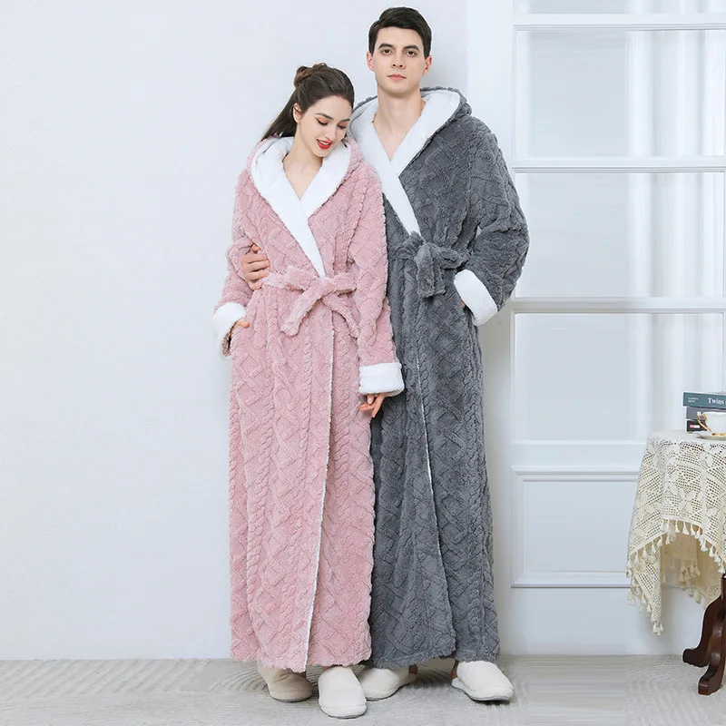 Women Winter Extra Long Warm Flannel Bathrobe Plus Size Thick Coral Fleece Bath Robe Lovers Spa Dressing Gown Men Cozy Sleepwear